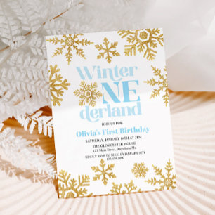 Winter Onederland Blue Gold Schneeflocke 1. Geburt Einladung