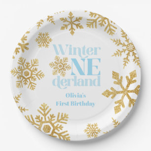 Winter Onederland Blue Gold Schneeflocke 1. Geburt Pappteller