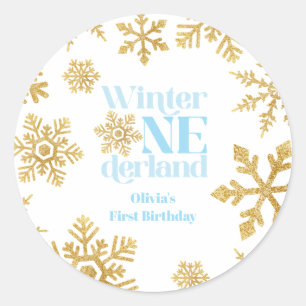 Winter Onederland Blue Gold Schneeflocke 1. Geburt Runder Aufkleber