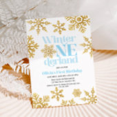 Winter Onederland Blue Gold Snowflake 1. Geburtsta Einladung