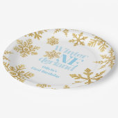 Winter Onederland Blue Gold Snowflake 1. Geburtsta Pappteller (Schrägansicht)