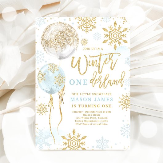 Winter Onederland Blue Gold Snowflake Geburtstag Einladung