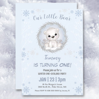 Winter Onederland Blue Polar Bear 1. Geburtstag Einladung
