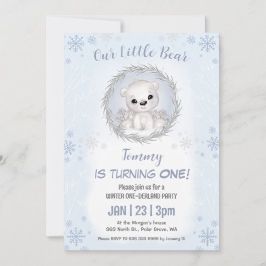 Winter Onederland Blue Polar Bear Boy 1. Geburtsta Einladung (Vorderseite)