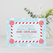 Winter ONEderland Blue Red Candy Cane Birthday Einladung (Stehend Vorderseite)