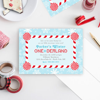 Winter ONEderland Blue Red Candy Cane Birthday Einladung