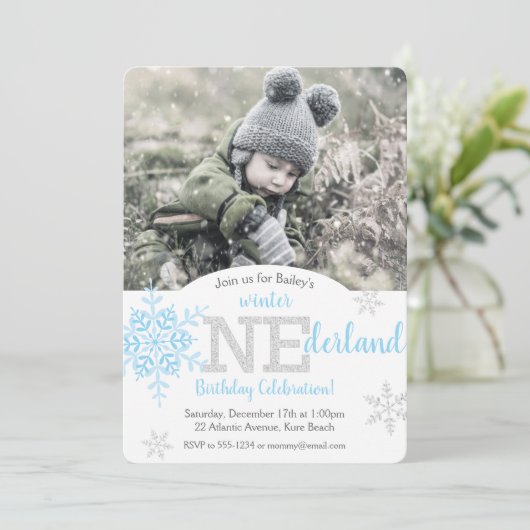 Winter ONEderland Blue Silver Glitzer 1. Geburtsta Einladung (Stehend Vorderseite)