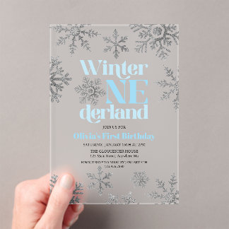 Winter Onederland Blue Silver Snowflake Geburtstag Acryleinladungen