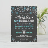 Winter ONEderland Blue Silver Snowflakes Geburtsta Einladung (Stehend Vorderseite)