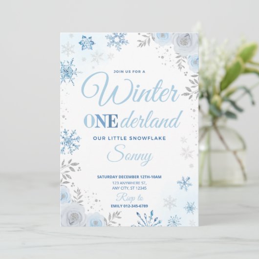 Winter ONEderland Blue Snowflake 1. Einladung (Stehend Vorderseite)