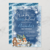 Winter Onederland Blue Snowflake Geburtstag Einladung (Vorne/Hinten)