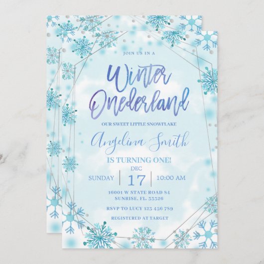 Winter Onederland Blue Snowflake Geburtstag Einladung (Vorne/Hinten)