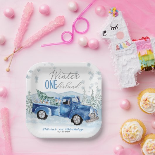 Winter Onederland Blue Truck First Birthday Pappteller (Party)
