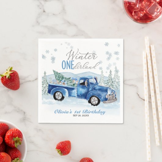 Winter Onederland Blue Truck First Birthday Serviette (Beispiel)