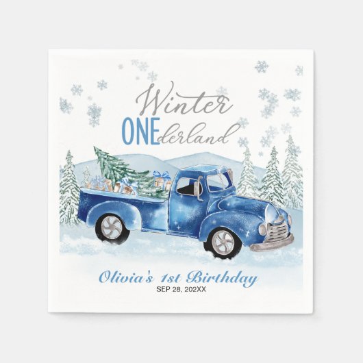 Winter Onederland Blue Truck First Birthday Serviette (Vorderseite)