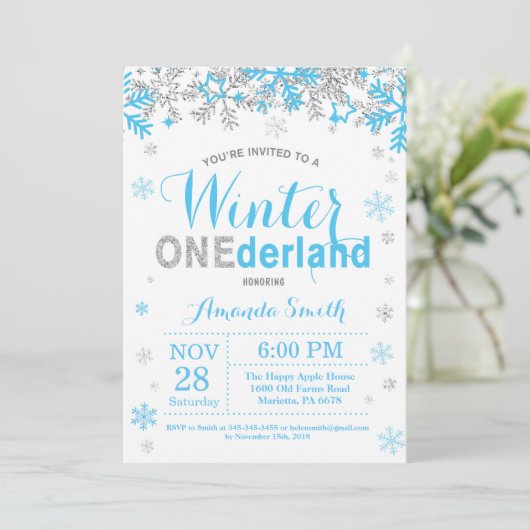 Winter Onederland Blue und Silver Boy 1. Geburtsta Einladung (Stehend Vorderseite)