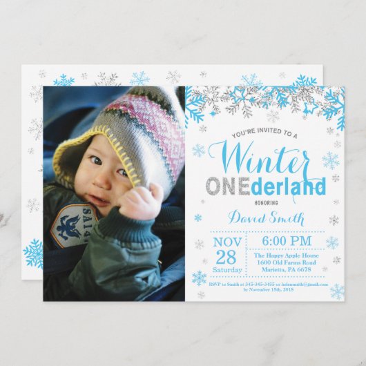 Winter Onederland Blue und Silver Boy 1. Geburtsta Einladung (Vorne/Hinten)