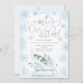 Winter ONEderland Blue Winter Sleigh 1. Geburtstag Einladung (Vorderseite)