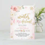 Winter ONEderland Blumenmädchen 1. Geburtstag Einladung (Stehend Vorderseite)