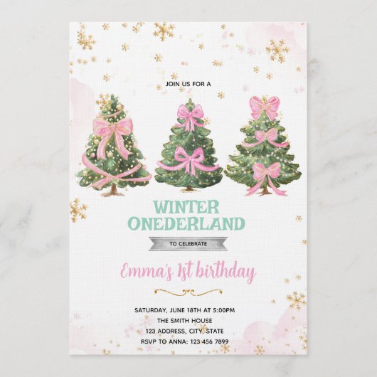 Winter Onederland bow tree invitation Einladung (Vorderseite)