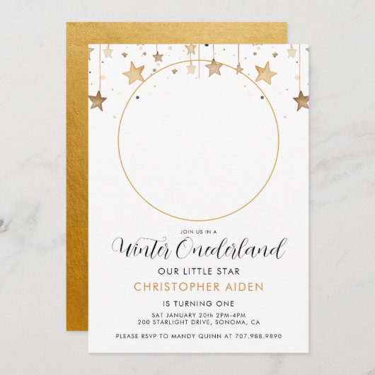 Winter ONEderland Boy 1. Geburtstag Einladung (Vorne/Hinten)