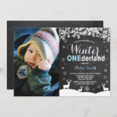 Winter Onederland Boy 1. Geburtstag Foto Einladung (Vorne/Hinten)