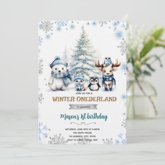 Winter Onederland boy invitation Einladung (Stehend Vorderseite)