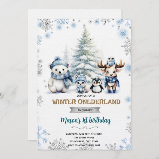Winter Onederland boy invitation Einladung (Vorne/Hinten)