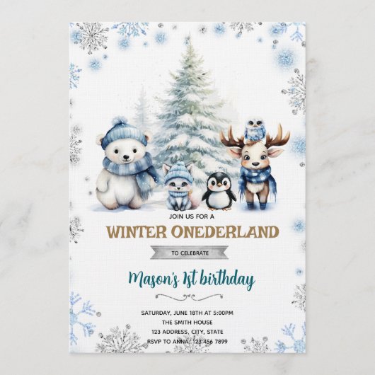 Winter Onederland boy invitation Einladung (Vorderseite)