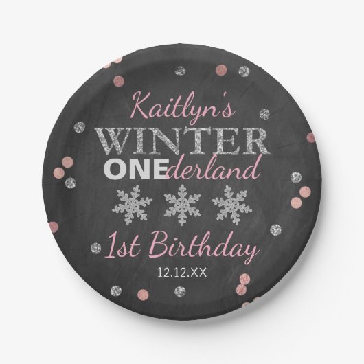 Winter ONEderland Chalkboard 1. Geburtstag Pappteller (Vorderseite)