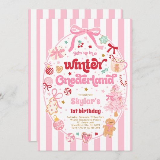 Winter Onederland Christmas Coquette Bow Birthday Einladung (Vorne/Hinten)