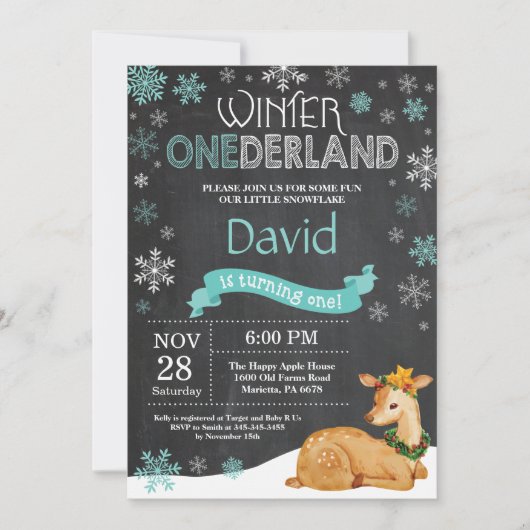 Winter Onederland Deer 1. Geburtstag Einladung (Vorderseite)