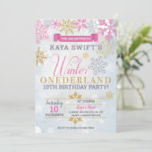 Winter Onederland Einladung Gold & Pink zum Geburt (Stehend Vorderseite)