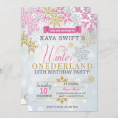 Winter Onederland Einladung Gold & Pink zum Geburt (Vorne/Hinten)