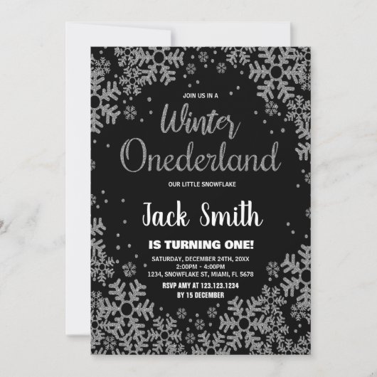 Winter ONEderland Einladungen Schwarzes Silber (Vorderseite)