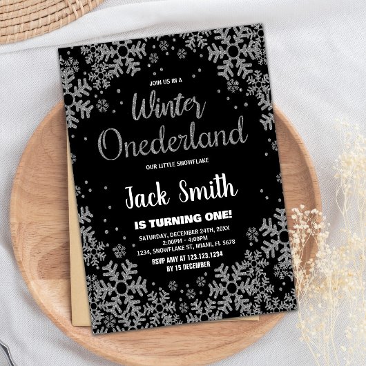 Winter ONEderland Einladungen Schwarzes Silber