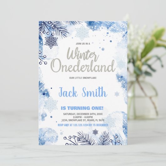 Winter ONEderland Einladungen Silberner Glitzer Bl (Stehend Vorderseite)