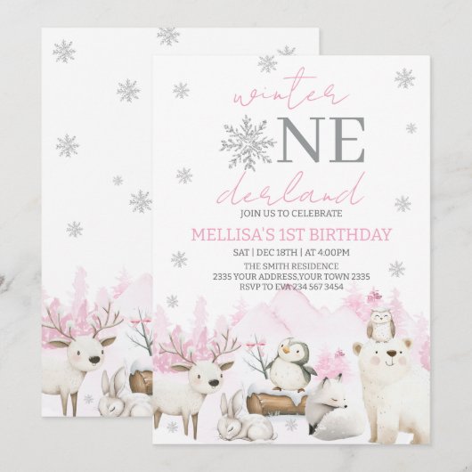 Winter ONEderland erster Geburtstag Einladung (Vorne/Hinten)