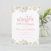 Winter Onederland Erster Geburtstag Gold Snowflake Einladung (Stehend Vorderseite)