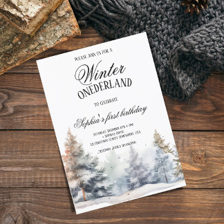 Winter Onederland Erster Geburtstag Pine Tree Wood Einladung