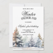 Winter Onederland Erster Geburtstag Pine Tree Wood Einladung (Vorderseite)