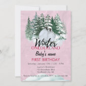 Winter Onederland Erster Geburtstag Pinguin Pink Einladung (Vorderseite)