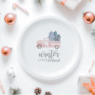 Winter Onederland Erster Geburtstag rosa Lastwagen Pappteller