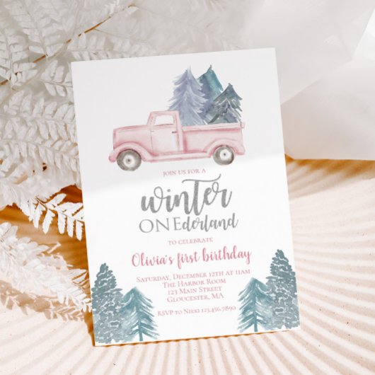 Winter Onederland Erster Geburtstag rosa LKW Einladung