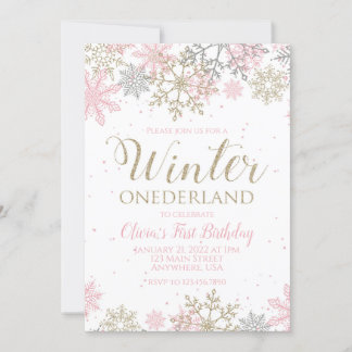 Winter Onederland Erster Geburtstag Rosa Schneeflo Einladung