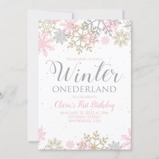 Winter Onederland Erster Geburtstag Rosa Schneeflo Einladung