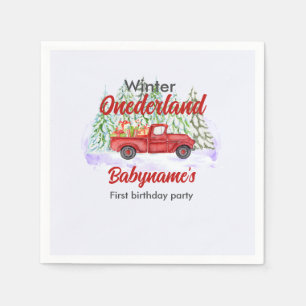 Winter Onederland Erster Geburtstag Roter LKW vorh Serviette