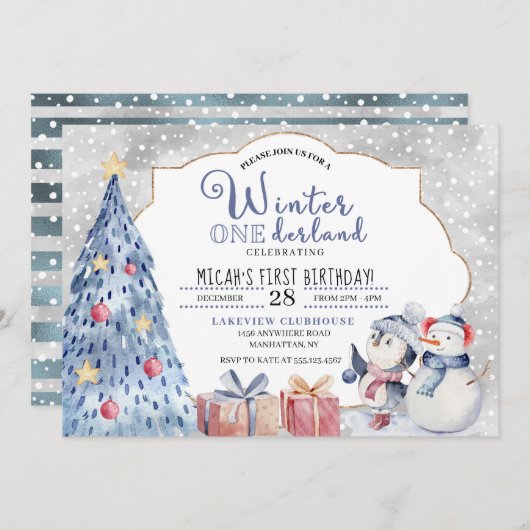 Winter Onederland Erster Geburtstag Weihnachten Einladung (Vorne/Hinten)