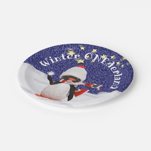 Winter ONEderland First Birthday Party Penguin Pappteller (Schrägansicht)