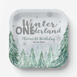Winter Onederland First Birthday Snowflakes Forest Pappteller